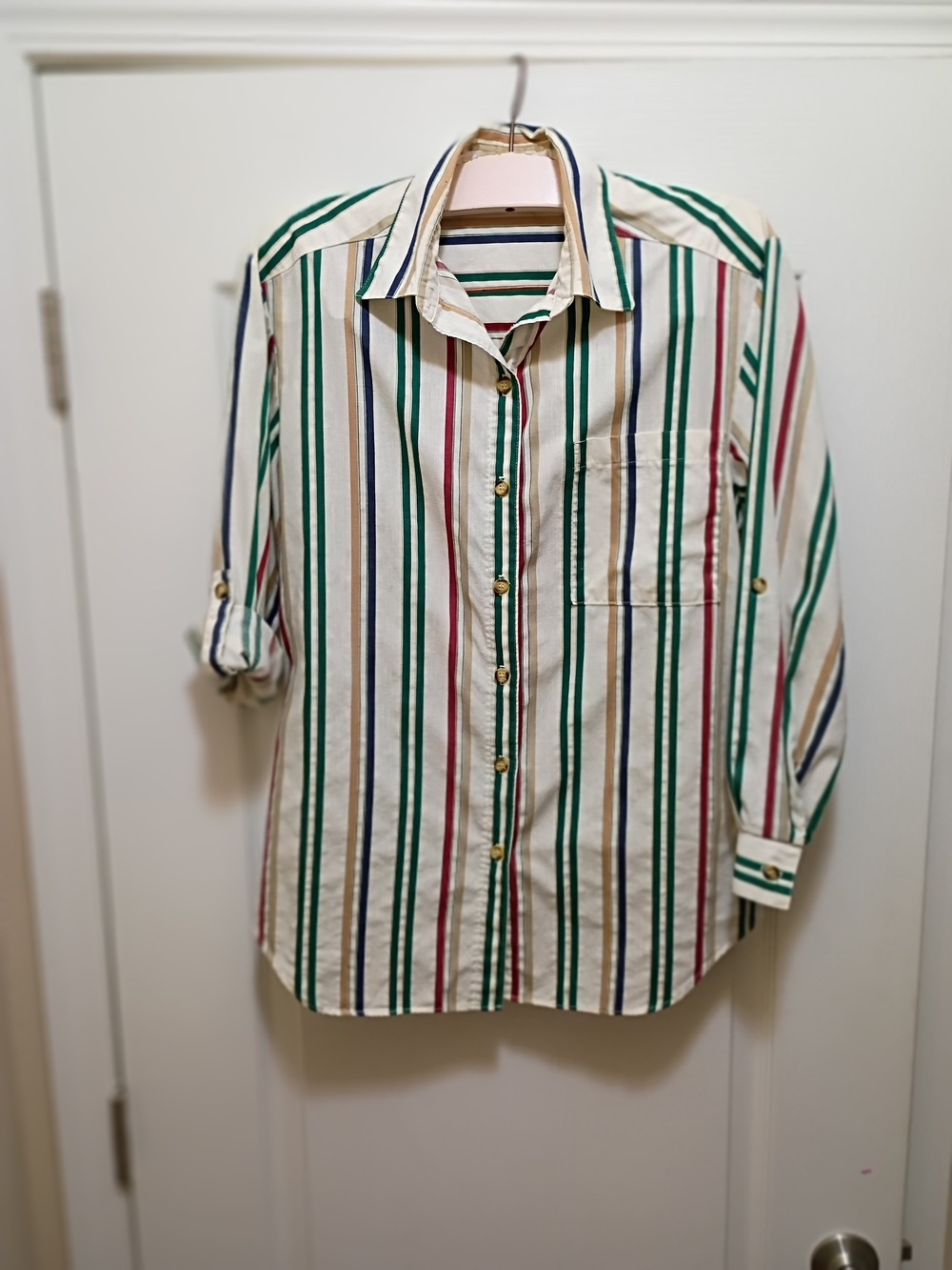 Alfred Dunner Cream Button-Down Shirt with Green, Navy, Red and Tan Stripes